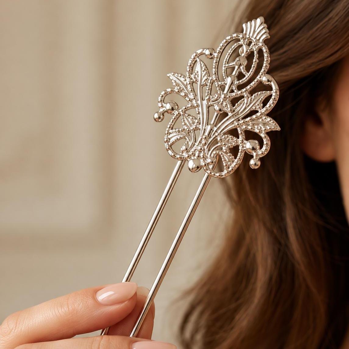 Silver French Hair Pin – Bridal Hair Fork, Vintage for Buns, Elegant Wedding Accessory
