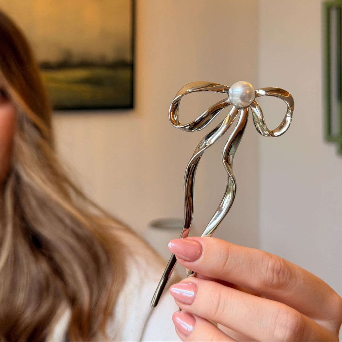 Gold Metal Bow Pearl French Hair Pin