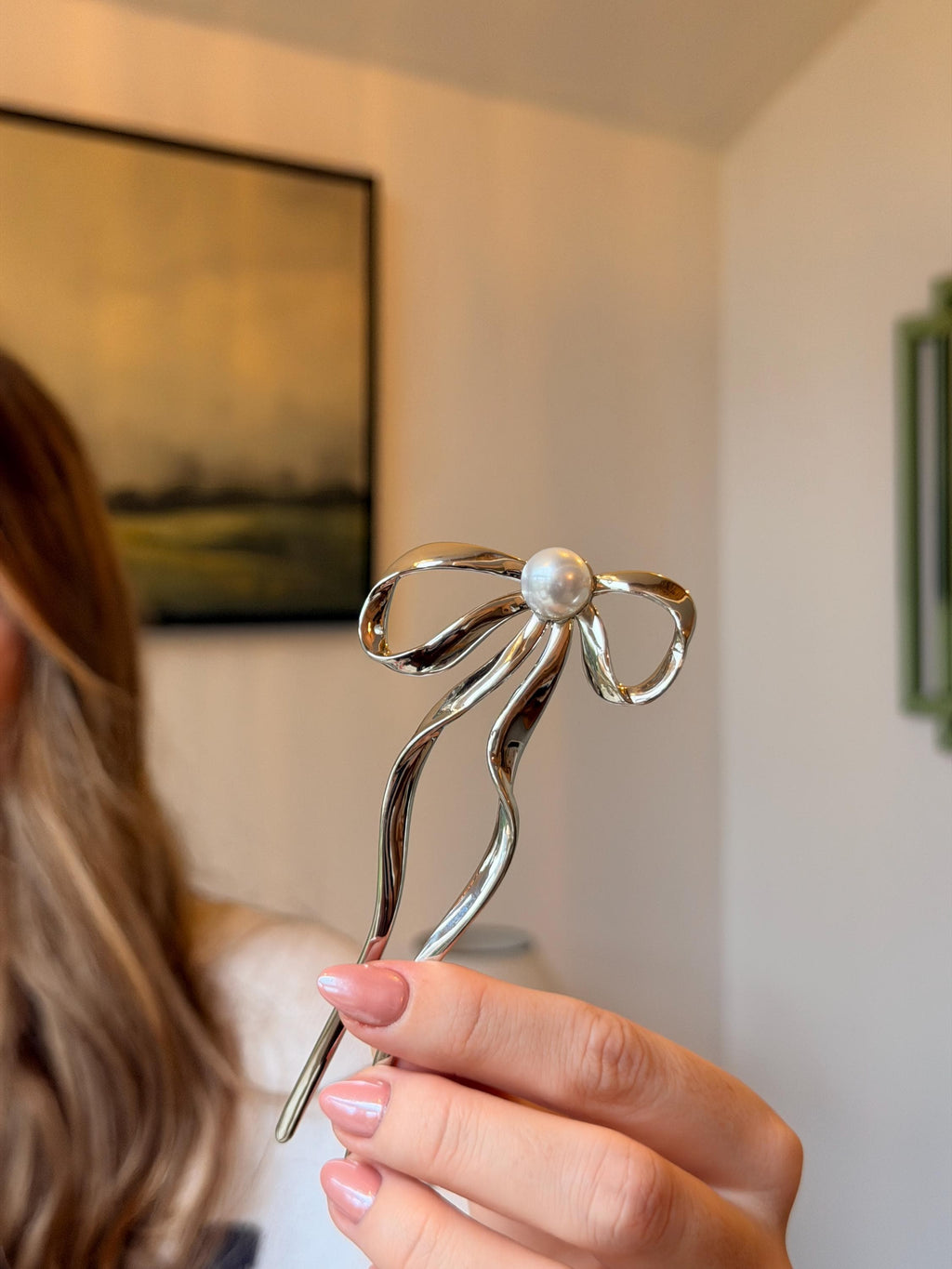 Gold Metal Bow Pearl French Hair Pin