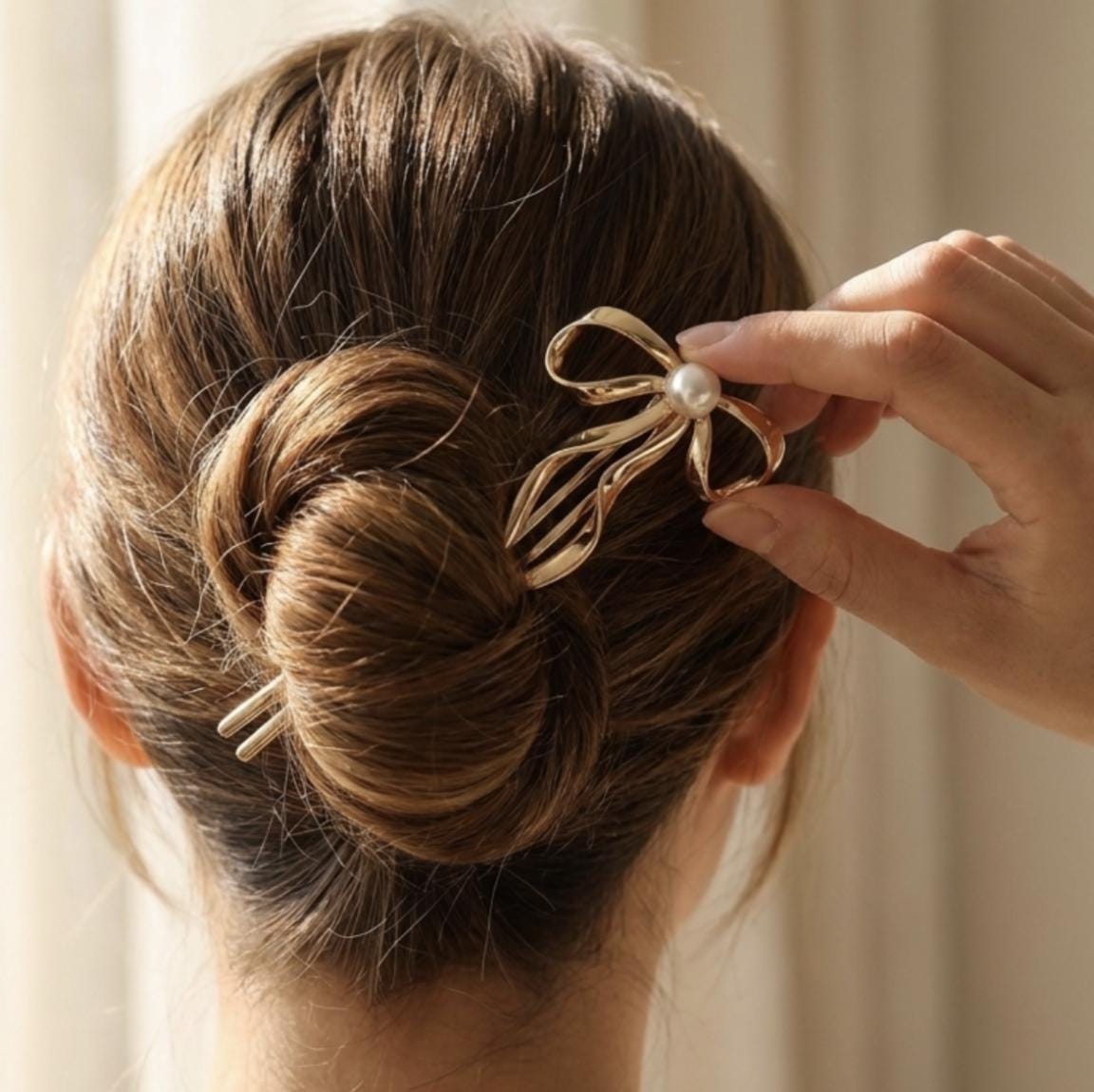 Gold Metal Bow Pearl French Hair Pin